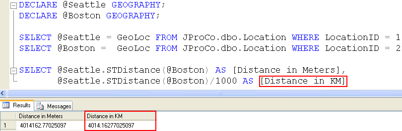 A SQL Server query window with a result.