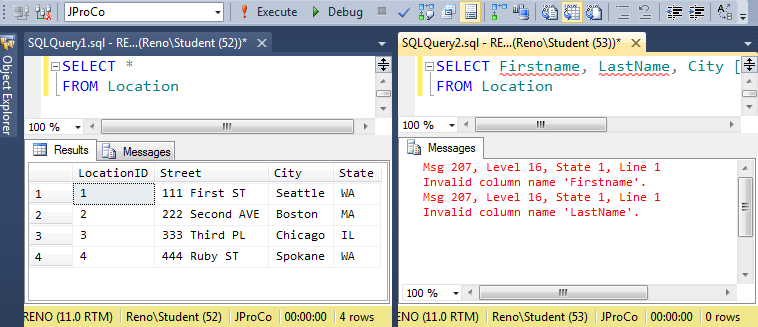 SQL Server queries and results.