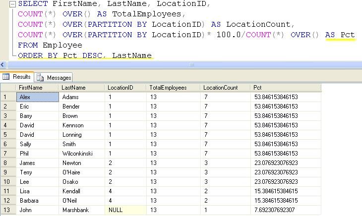 SQL query results window.