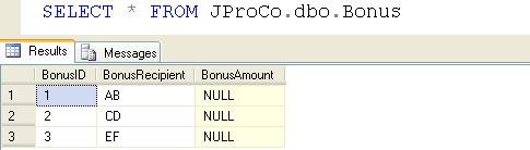 SQL Server Management Studio query window displaying messages.