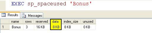 SQL Server space used results window.