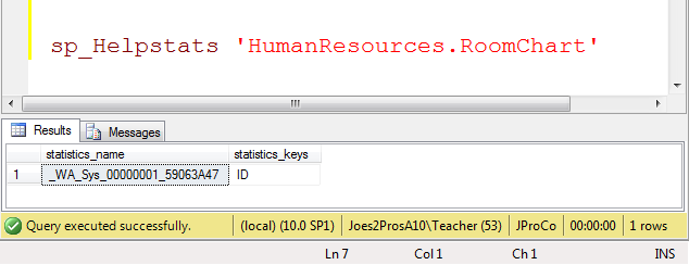 Statistics window in the SQL Server Management Studio showing query execution statistics.