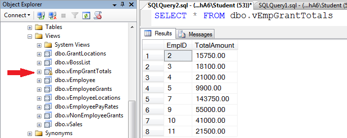 SQL Server object explorer for EmpGrantTotals query results.