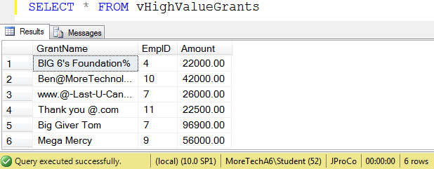 SQL Server query results.