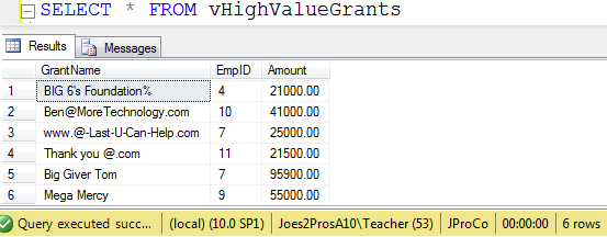 SQL Server Results Window.
