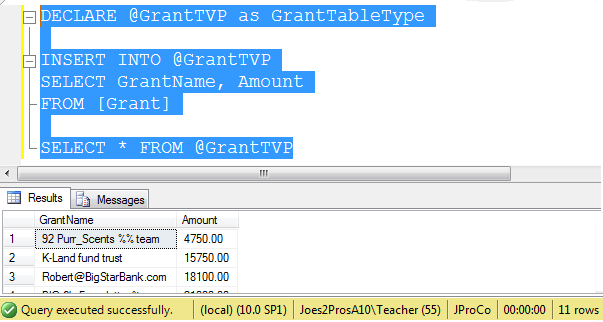 SELECT * FROM GrantTVP.