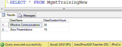 Table with results of query execution.