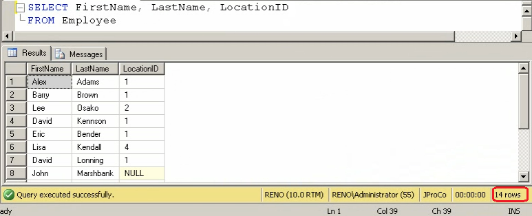 SQL Server Result Window.