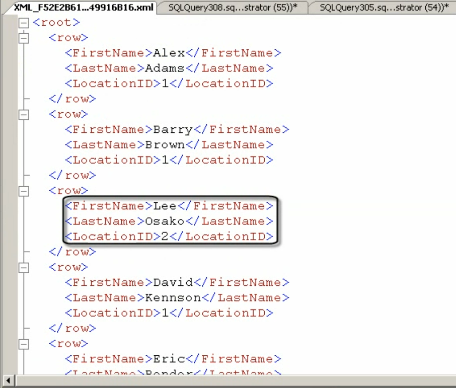 XML structure displayed in SQL Server Management Studio.