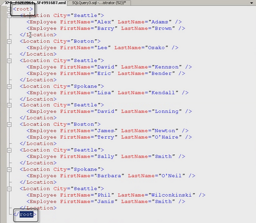 SQL Server XML query window.