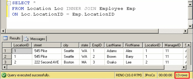 SQL results window.