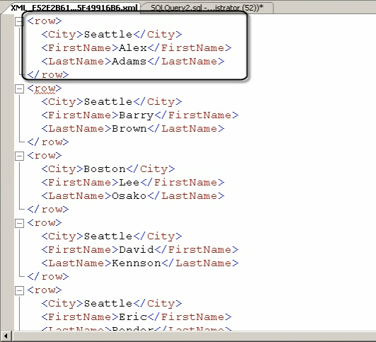 XML Document with Row Elements Displayed.