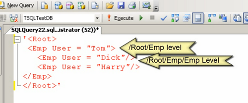 SQL query with arrows pointing to the /Root level.