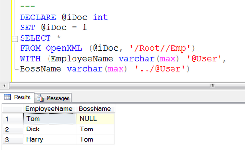 Select statement results in SQL Server query tool window.