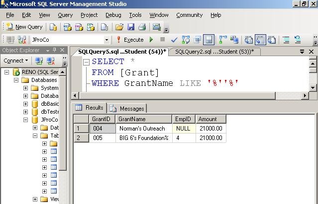 Microsoft SQL Server Management Studio results window.