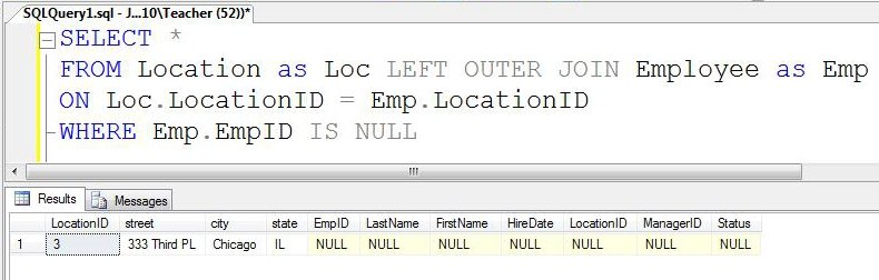 SQL Server Result Window.