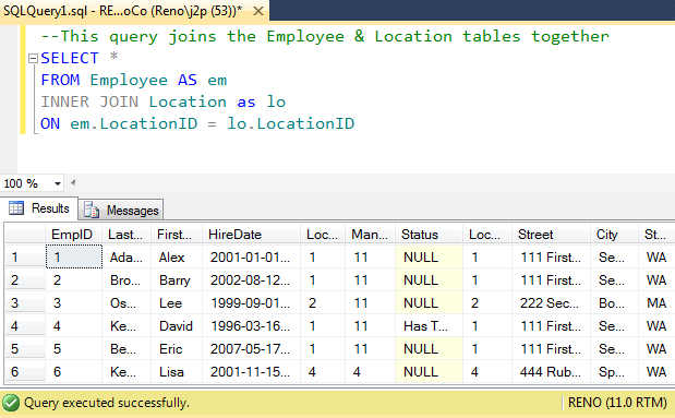 A SQL query executed in the SQL Server Management Studio.