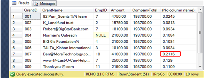 SQL Server Results Window.