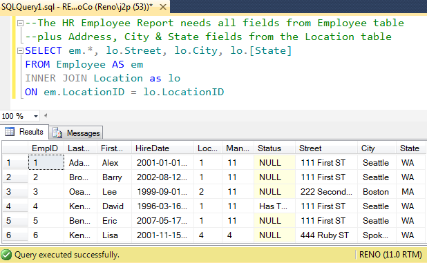 Sql query results in sql server management studio.