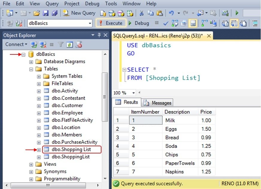 Select Query Result Window with Shopping List.