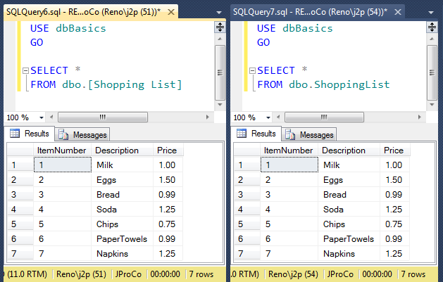 SQL Server Management Studio displaying two SQL queries.