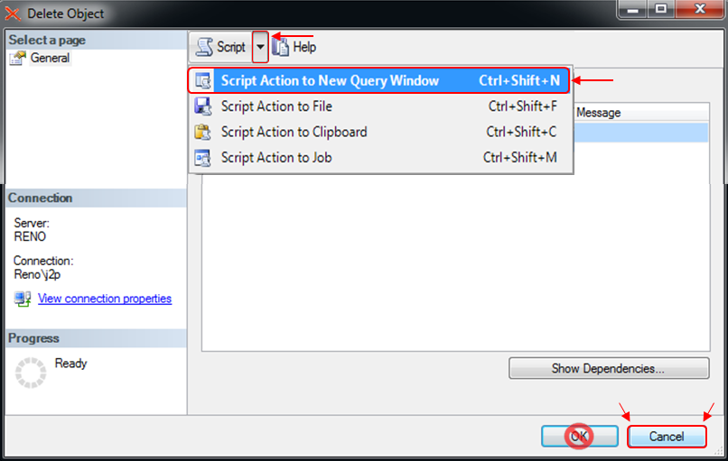 SQL Server delete object script window.