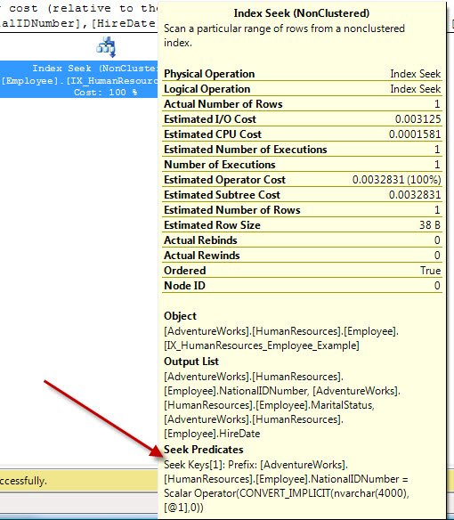 SQL Server Index Seek Window.