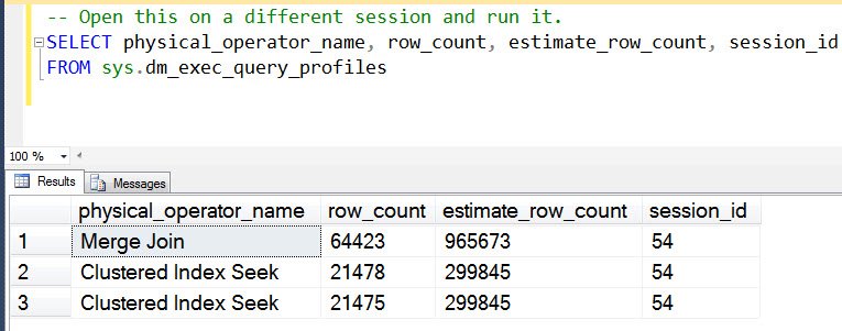 Execution plan results window.