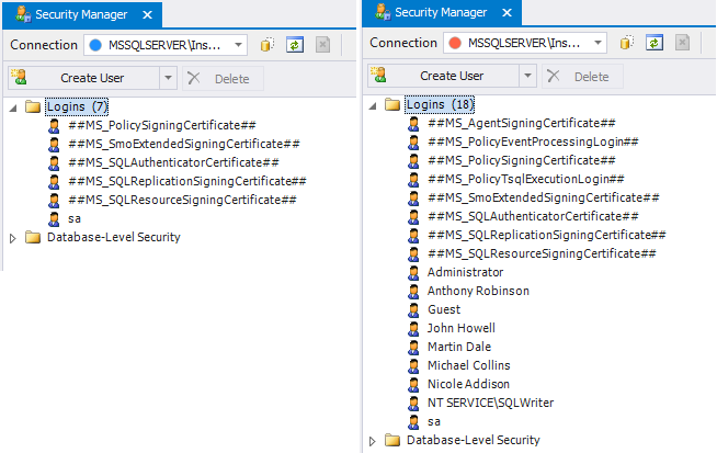 Security Manager with user logins and roles displayed.