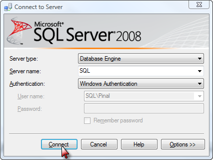 Connect to SQL Server dialog.