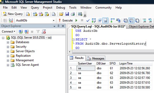 Sql audit db query results.