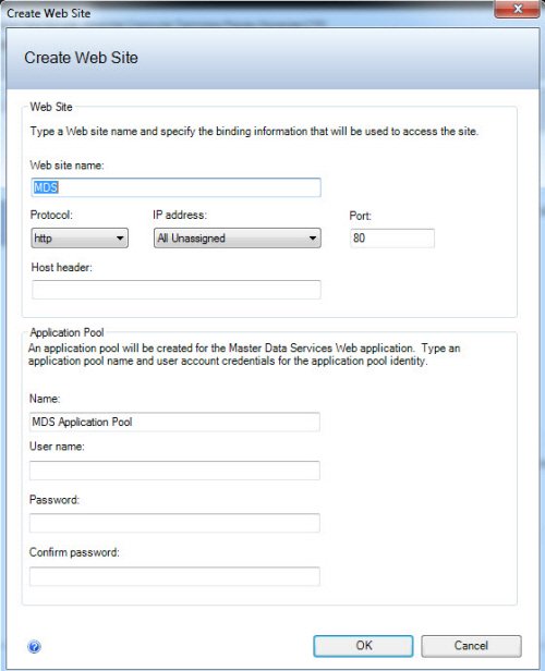 Create web site tool window.