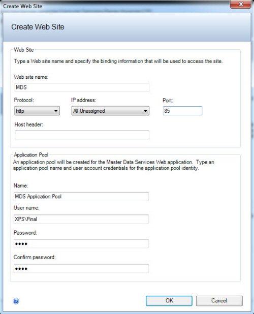 SQL Server MDS Web Site Creation Dialog.