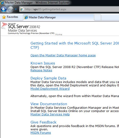 Master Data Manager Home Page.