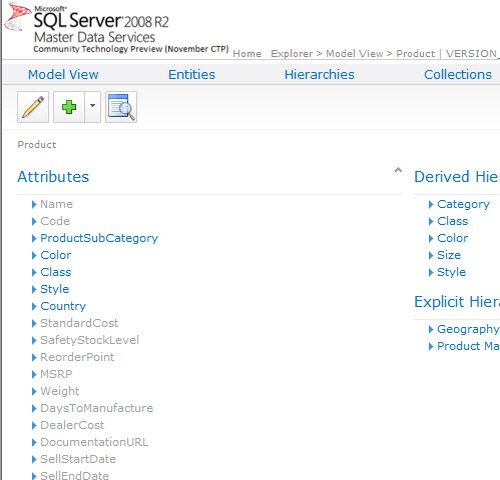 SQL Server 2008 R2 Master Data Services menu.