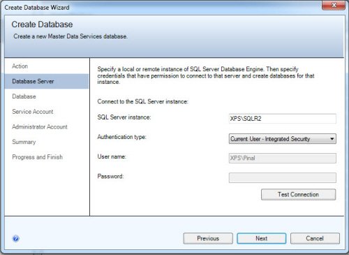 Database server wizard window.