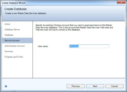 Create database wizard window.