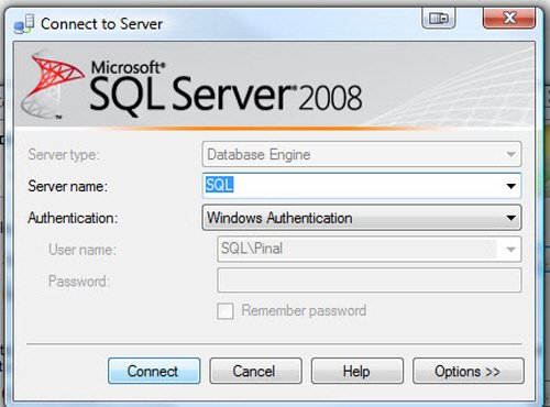 SQL Server 2008 authentication setup window.