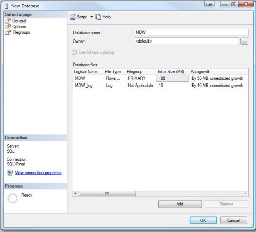 Database properties window.