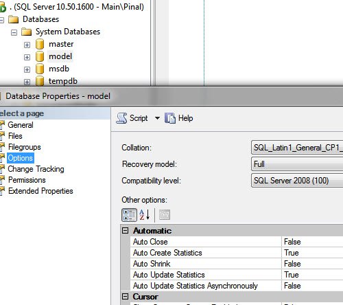 Database Properties Window.