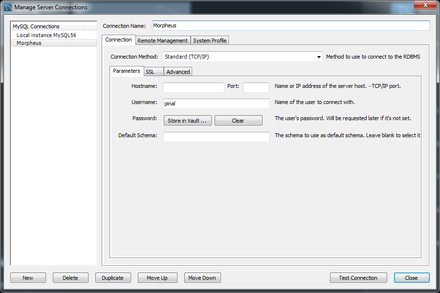 Tool window displaying SQL Server connection settings.