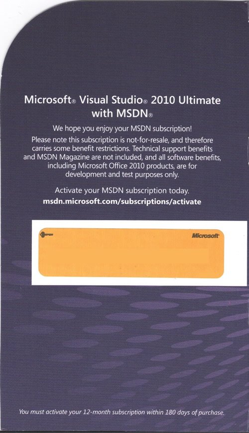 Visual Studio 2010 MSDN subscription card.
