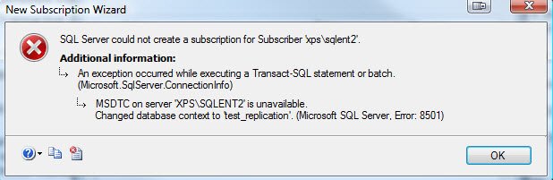 SQL Server subscription wizard error.