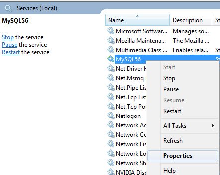 Service window with my.ini or my.cnf file options.