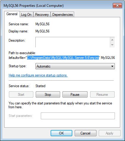 Window displaying MySQL56 properties.