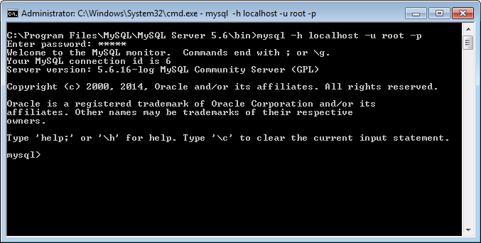 MySQL login window.