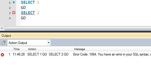 SQL Server action output window.
