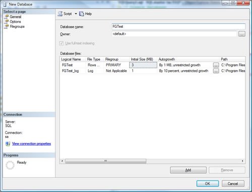 SQL Server new database connection window.