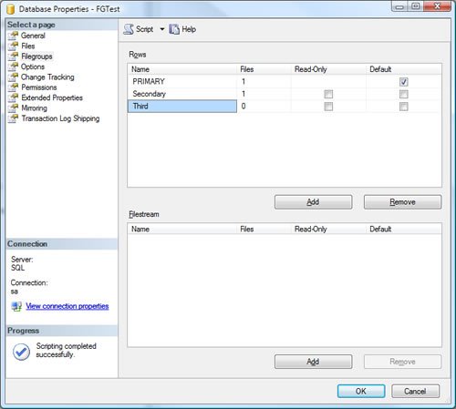 SQL Server database properties settings.