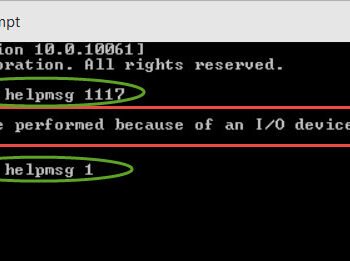 Error dialog for a failed 'helpmsg' command in Windows command prompt.